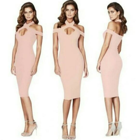 Nookie Hollywood Midi Dress Blush Pink Off the Shoulder Cutout Choker XS New - Picture 1 of 12